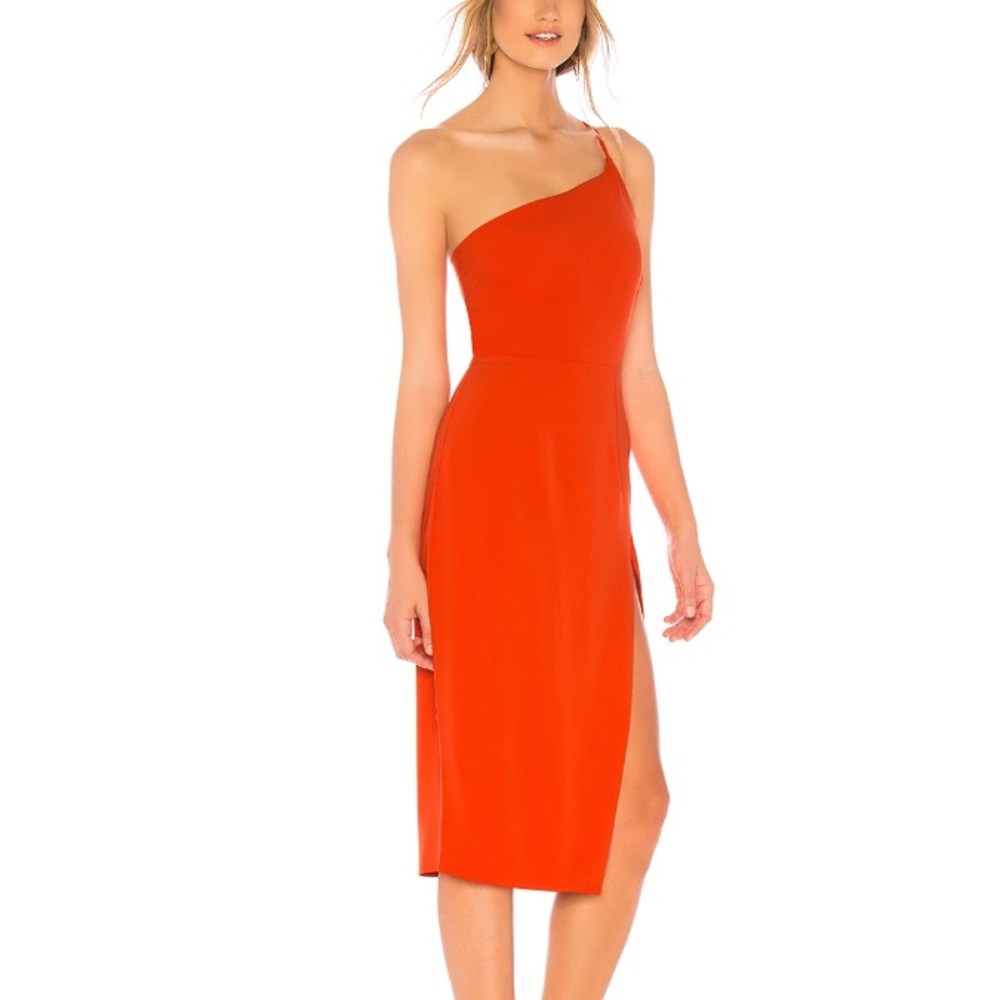 Lovers + Friends One-Shoulder Midi Dress in Bright Orange
